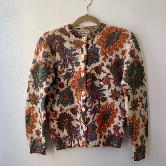 Vtg 50s Jane Irwill Wool Knit Cardigan Brown Floral Granny Cottagecore Sweater - Picture 1 of 8